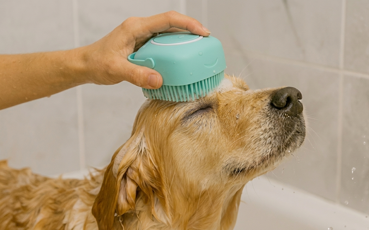 Person using a teal pet grooming brush on a dog's head in a bathroom setting.