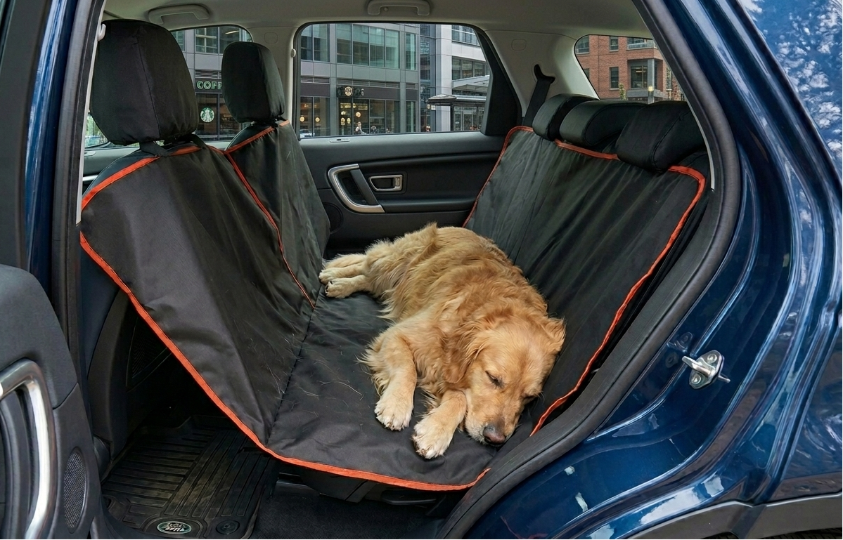 Dog lying on a black car seat cover with orange trim in a vehicle.