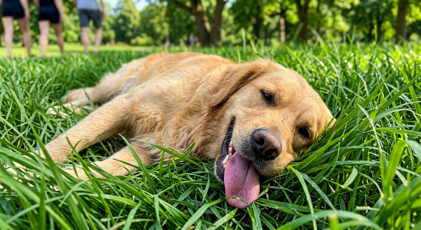 Dog lying on grass with people in the background
