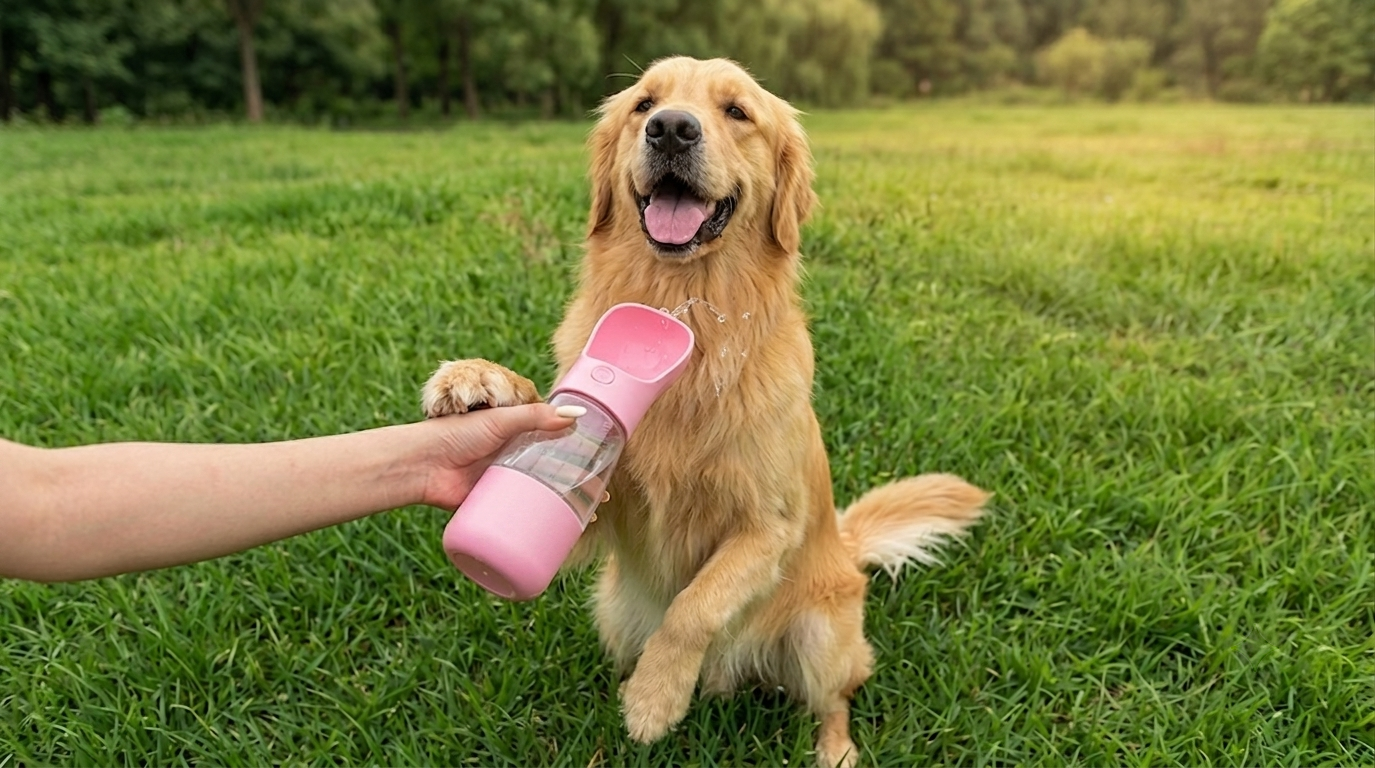 Dog playing with a pink toy in a grassy field
