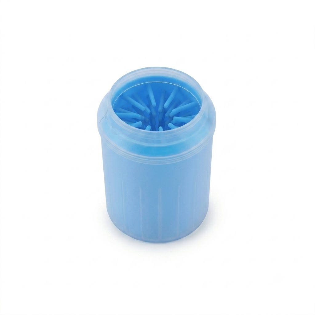 Blue plastic container with a textured lid on a white background