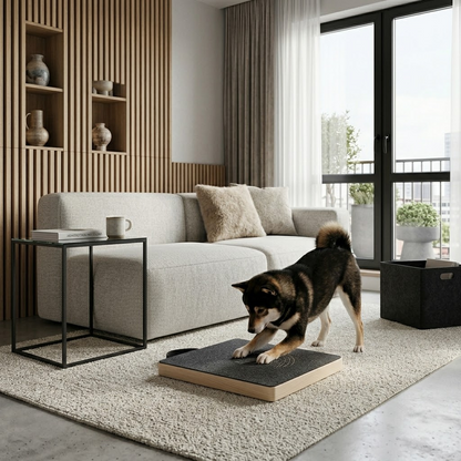 Dog on a wooden platform in a modern living room with a sofa and coffee table.