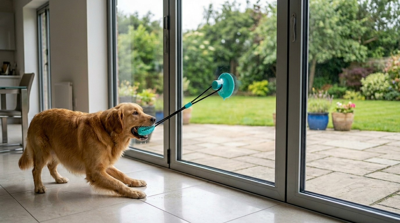 Dog playing with a toy near a glass door leading to a garden.
