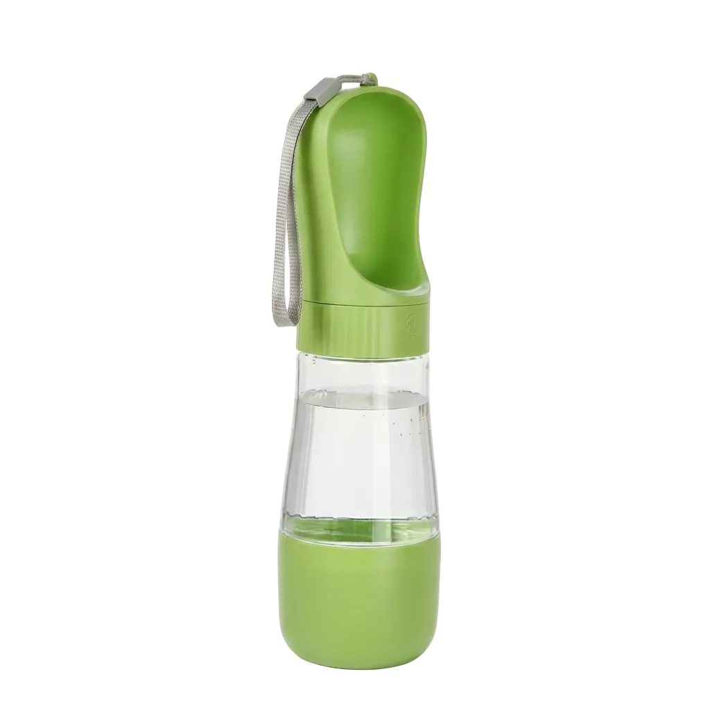 Green and clear water bottle with a strap on a white background