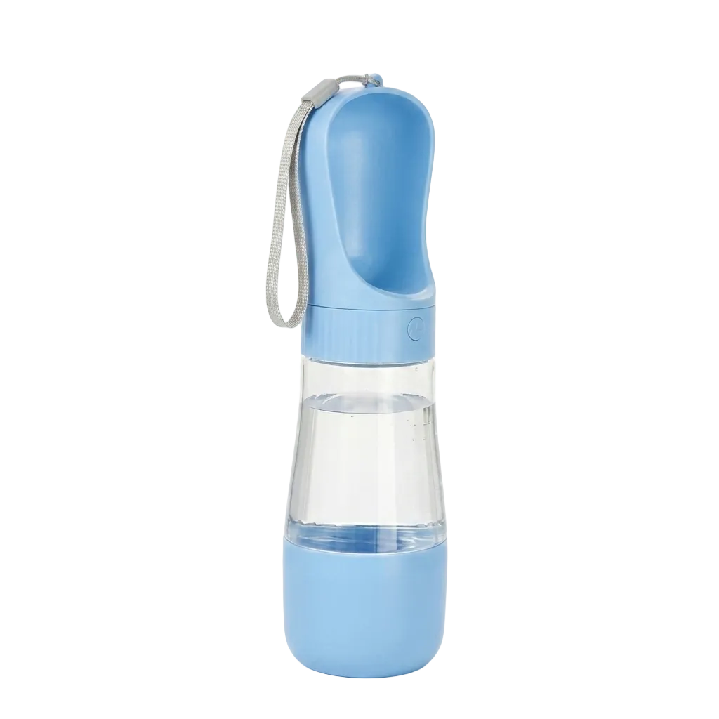 Blue and clear water bottle with a strap on a white background