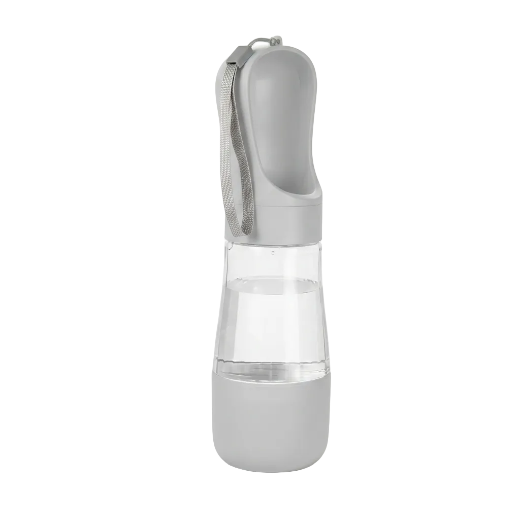 Clear water bottle with gray lid and base on a white background