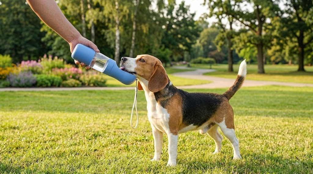 Dog drinking water from a blue bottle held by a person in a park setting