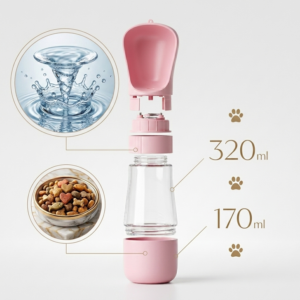 Pink pet water bottle with water splashing and food insets, showing capacity details.